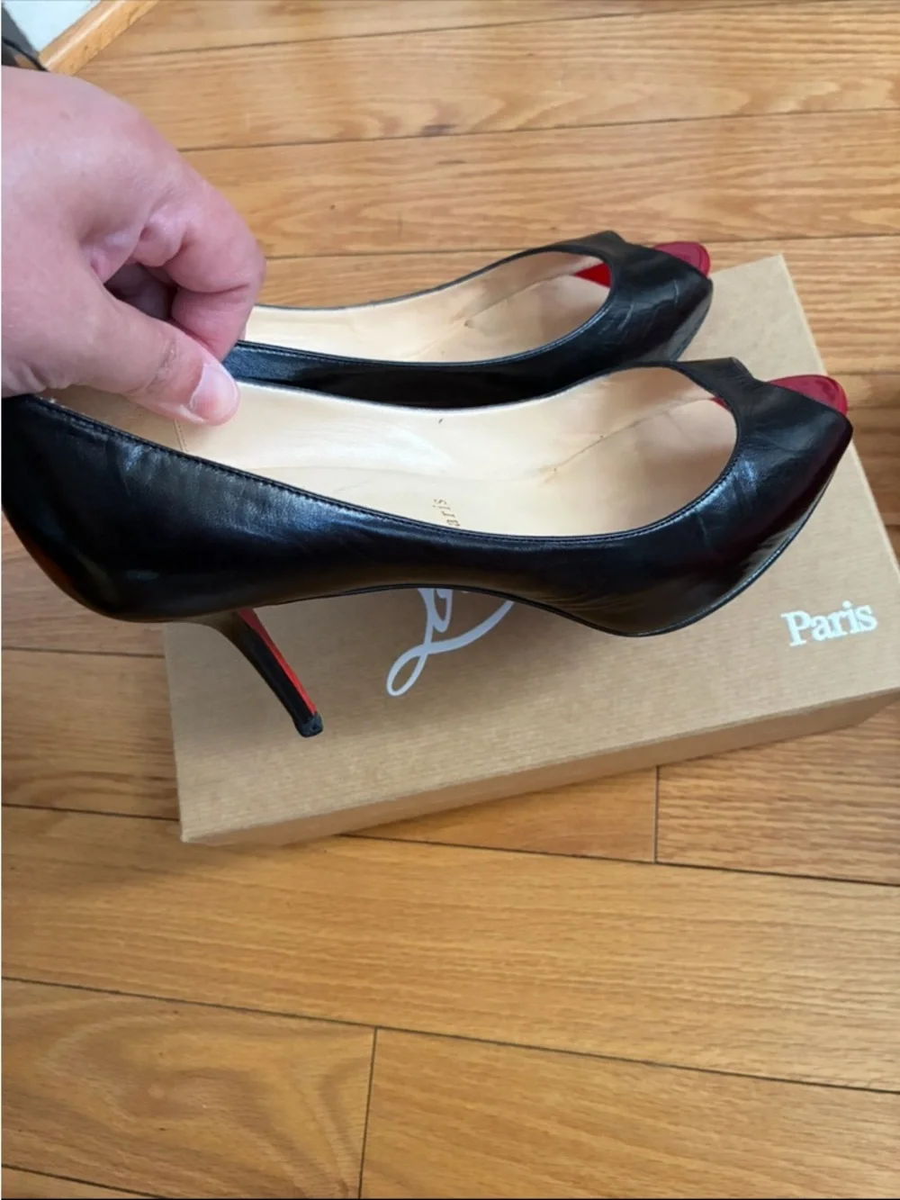 Christian Louboutin Black Leather Peep-Toe Pumps with Red Toe Cap